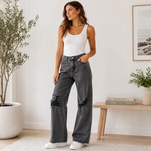 Judy Blue Washed Black High-Rise Wide Leg Distressed Jeans